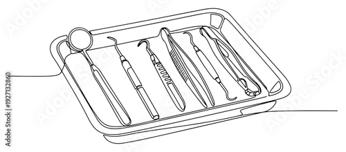 Continuous one line drawing of professional dentist tools on a medical tray