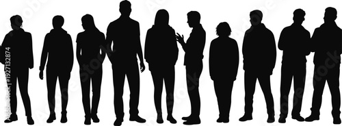 Black group of people silhouettes isolated on white background, diverse men and women standing together, community social team gathering icon.