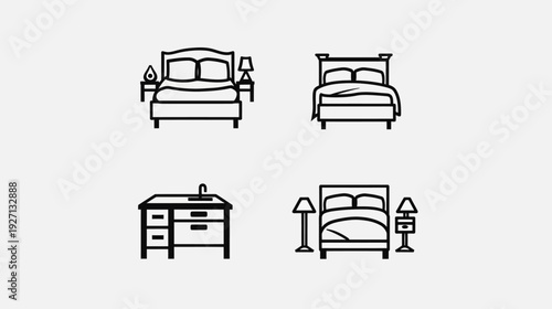 Four black and white line icons of beds, bedside table and a bathroom sink