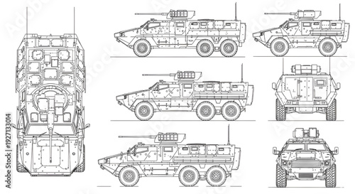Military Armored Vehicle Blueprint Vector – Multi-View Tactical Transport Technical Drawing