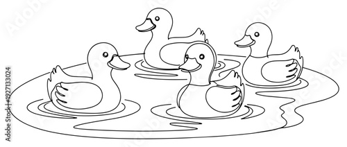 Minimalist line art illustration of four cute ducks swimming together in a pond