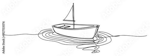 One continuous line drawing of a small sailboat floating on calm water ripples