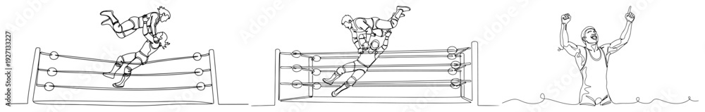 Obraz premium One line drawing of professional wrestlers fighting in the ring and celebrating victory