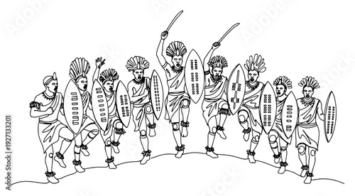 Dynamic continuous line drawing of African tribal warriors dancing with traditional shields and spears