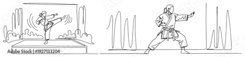 Continuous one line drawing of karate martial arts fighters practicing kicks and stances
