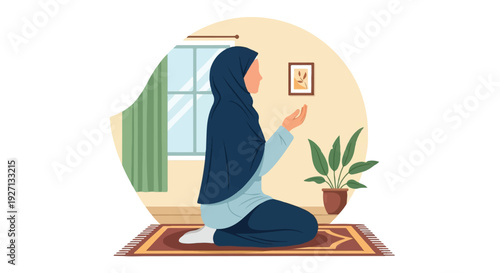 Vector illustration of a modest Muslim woman in hijab performing daily prayer at home, depicting faith and spiritual devotion in a tranquil setting