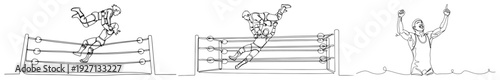 One line drawing of professional wrestlers fighting in the ring and celebrating victory