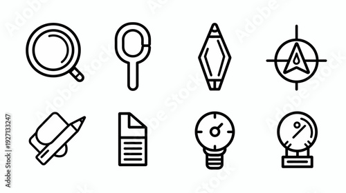 Collection of eight black line icons including magnifying glass, mirror, diamond, and compass