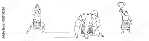 Single line art depicting sumo wrestlers in traditional poses and holding a winner trophy