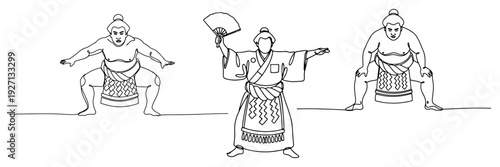 Continuous line drawing of sumo wrestlers with a traditional referee in ritual poses