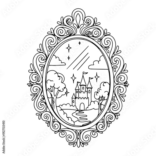 Ornate vintage frame illustration featuring a fairy tale castle in a landscape with stars