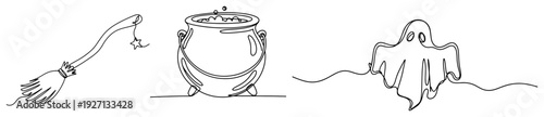 Halloween magic composition with flying broom cauldron and spooky ghost in continuous line art
