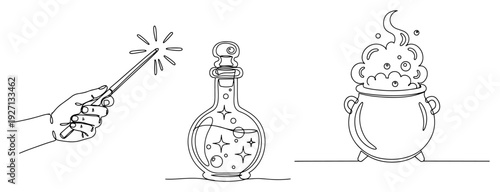 Wizardry set featuring hand with magic wand potion bottle and bubbling cauldron in line art