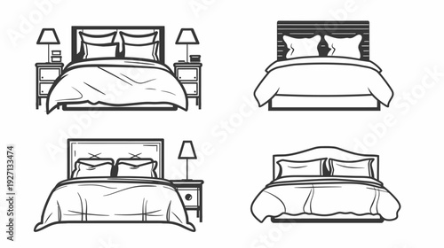 Four black and white illustrations of beds with pillows, blankets, nightstands, and lamps