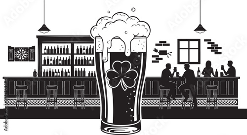 Black and white bar scene with beer glass and shamrock, festive Irish pub vector illustration
