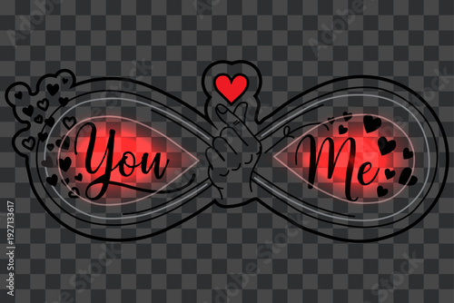 A digital illustration of a heart shaped locket with 'You' and 'Me' text on a red background with black hearts and a small red heart on top, set against a dark gray and black checkered background