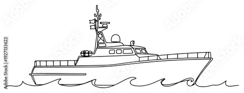 Simple line art illustration of a modern patrol boat or coast guard ship sailing on waves