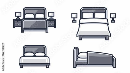 Collection of bed illustrations with different views, showcasing furniture in a simple monochrome style