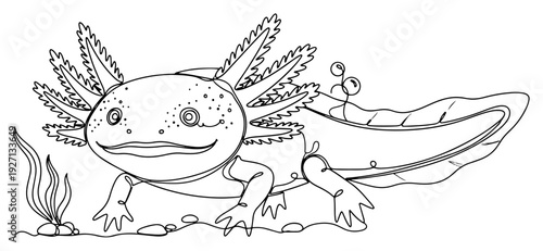 Continuous one line drawing of a cute axolotl salamander swimming under water