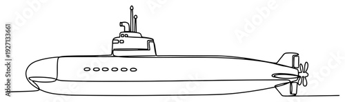 One continuous line drawing of a military submarine floating on the water surface