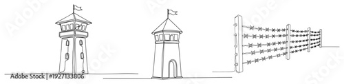 One line illustration of security watchtowers and a barbed wire fence
