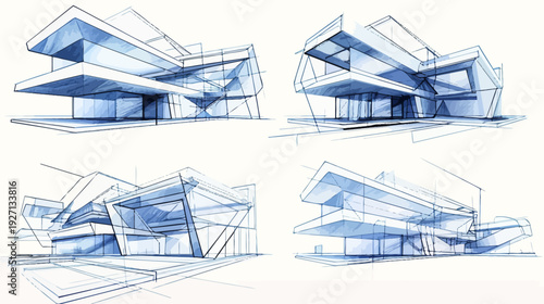 Four architectural sketches of a modern building. Blue and white color scheme. Linear perspective used