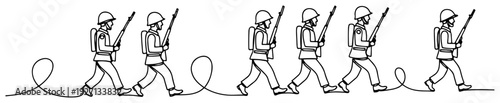 Continuous one line drawing of a squad of soldiers marching with rifles on their shoulders