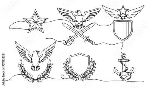 One line drawing of military heraldic symbols including eagles shields swords and stars