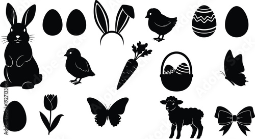 Easter themed black silhouettes of animals and objects