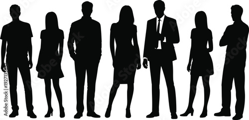 Black silhouettes of professional men and women isolated on white background, diverse business team standing together, corporate community social group.