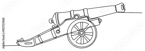 Continuous one line drawing of an ancient large cannon on wheels for artillery