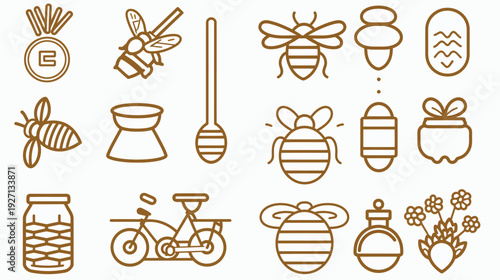 Linear illustration of honey-related elements bees, honeycomb, jars, flowers, bicycle, and related icons