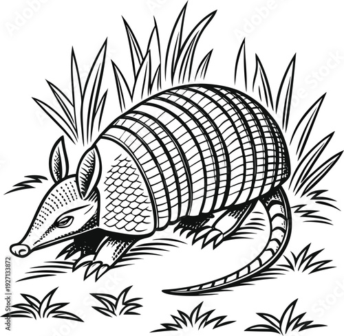 Create a detailed vector illustration of an armadillo in side profile, featuring segmented armored plates with intricate linework and fine texture. Use bold black outlines, high-contrast monochrome sh