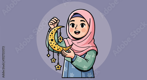Ramadan lantern decoration held by a smiling girl wearing a hijab