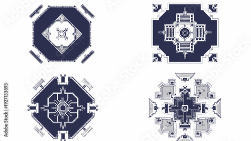 Four stylized architectural diagrams of buildings with octagonal layouts and intricate interior designs