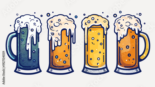 Four cartoon mugs of frothy beverage. Blue, orange, and yellow hues with bubbly foam. Simple outline design