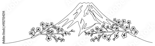Single line drawing of mount fuji volcano with blooming cherry blossom branches in front