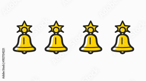 Four stylized golden bells with star toppers, outlined in black, on white background