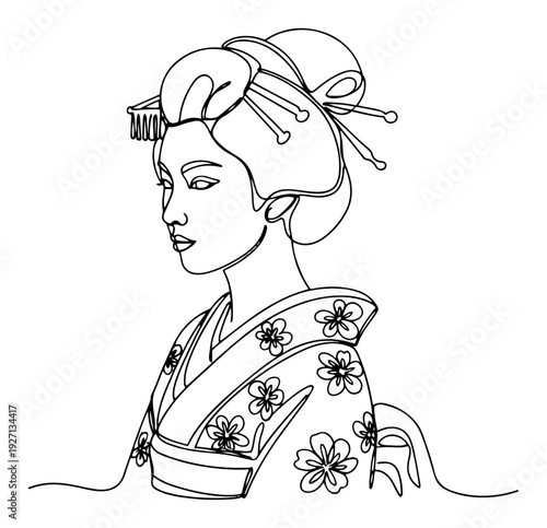 Elegant continuous line art portrait of a beautiful geisha woman in traditional kimono