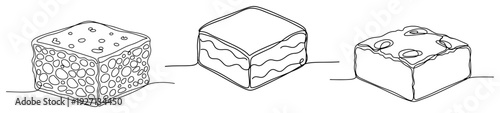 Minimalist continuous line drawing of various cake slices and dessert squares