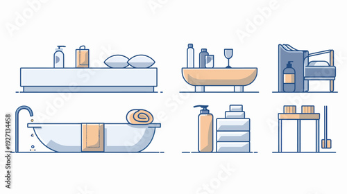 Minimalist line art depicting bathroom furnishings bathtub, bed, table, bottles, towels, soap