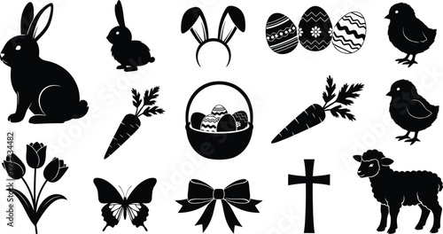 Easter symbols and icons in black silhouette