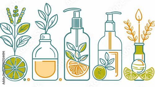 Stylized illustration featuring skincare bottles and natural elements like citrus and herbs