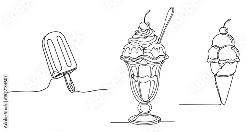 Continuous line drawing of different ice cream types like popsicle sundae and cone