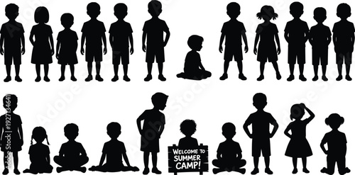 Collection Of Children Silhouettes Featuring Boys And Girls In Various Poses For Summer Camp Education Youth Community And Childhood Vector Design