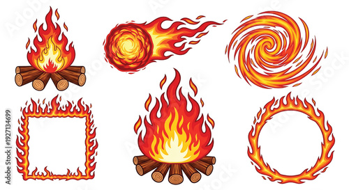 Fire elements vector set with campfires, flaming meteor, swirl vortex, and burning frames isolated on white background featuring flame, flames, campfire with bonfire and firewood elements for logs,