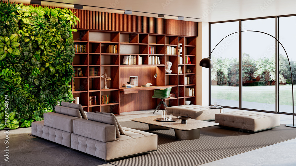 Fototapeta premium Large illustration 3D rendering luxury modern bright interiors Living room mockup with Couch and Ceiling Fan Ventilation