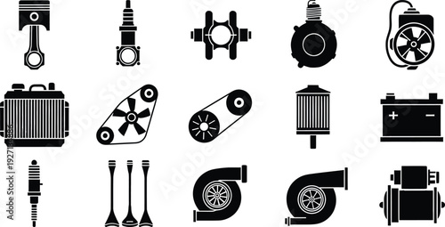 A collection of black and white icons representing various automotive engine components and parts.