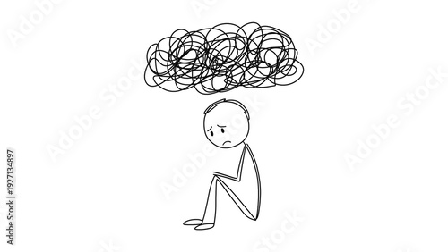 Fotografía Sad stick figure man with large scribble thought bubble on transparent background
