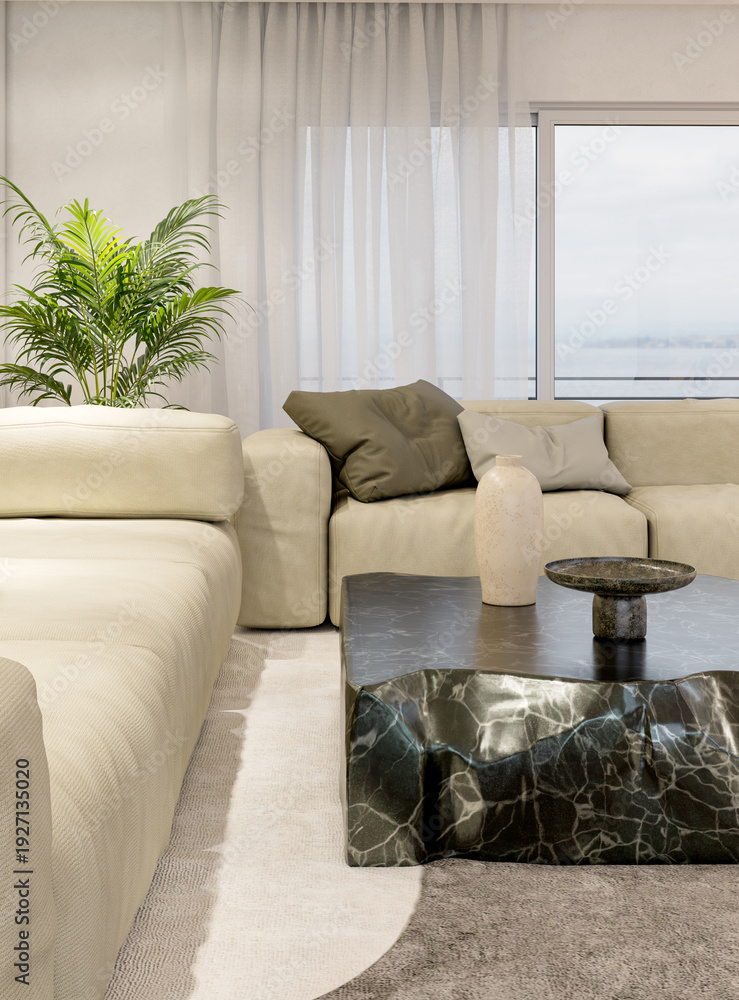 Fototapeta premium Large illustration 3D rendering luxury modern bright interiors Living room mockup with Couch and Ceiling Fan Ventilation